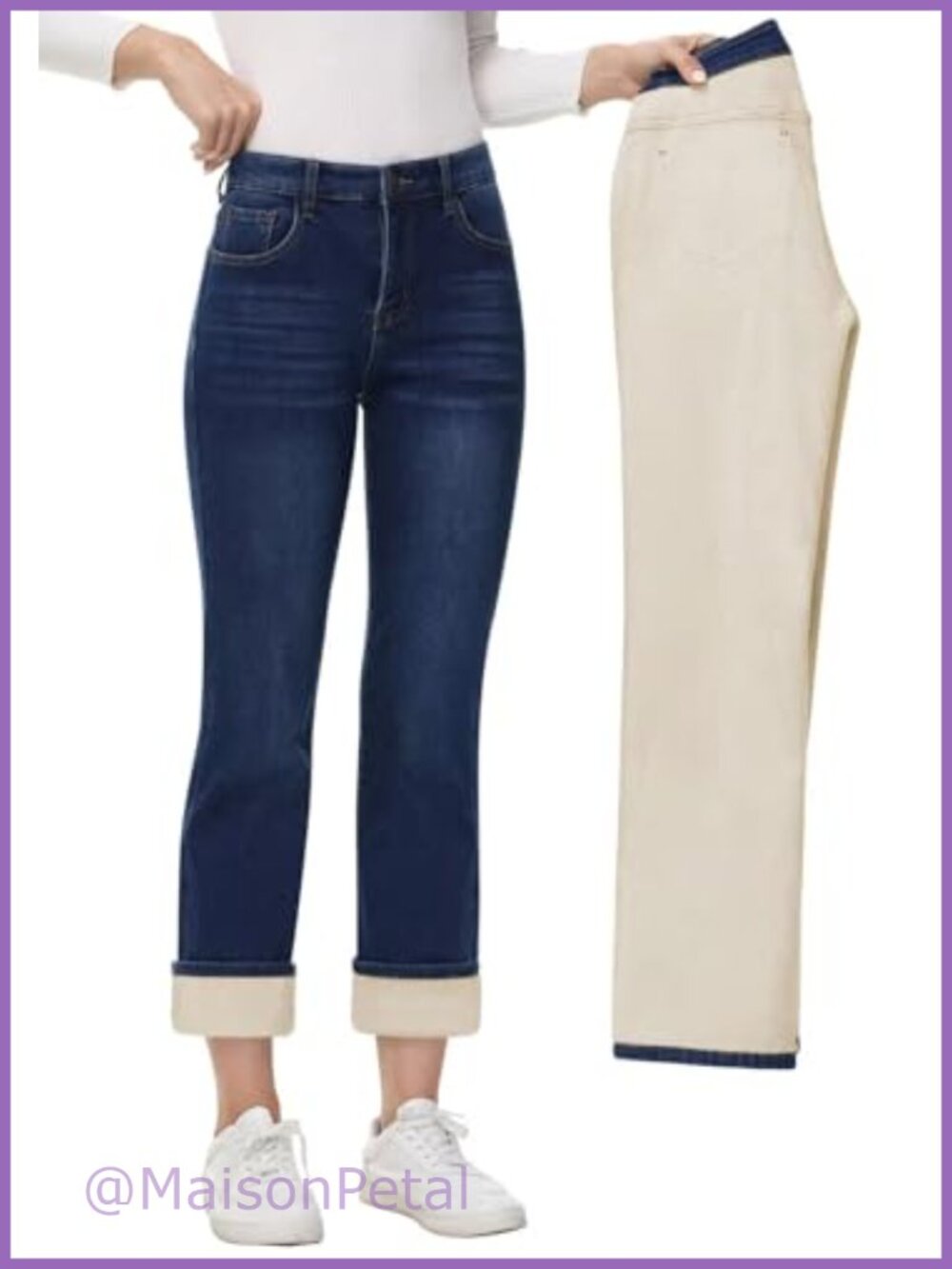 Fleece Lined Jeans High Waisted Straight Leg Winter Denim Pants